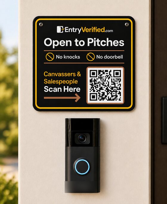 EntryVerified door sign plaque mounted above a Ring doorbell